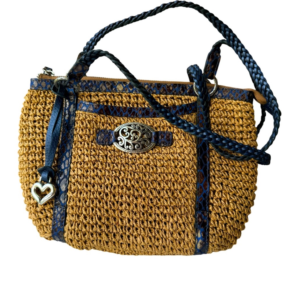 Brighton Straw Bag Blue Braided Handles Snakeskin Pattern Leather Trim